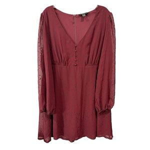 Forever 21 Dress Women Burgundy Black Dot Sheer Sleeve Deep V Neck Lined Size 2X